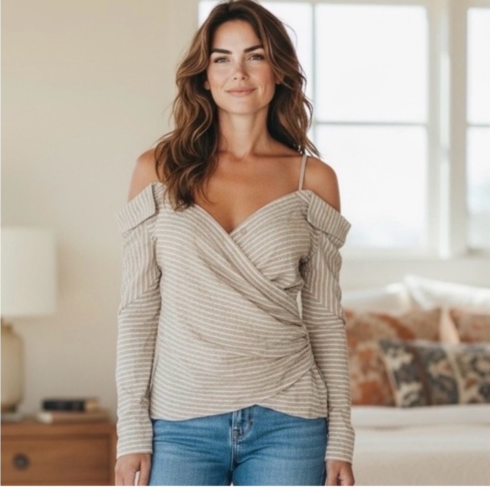 White House Black Market Cream Striped Off-Shoulder Wrap blouse